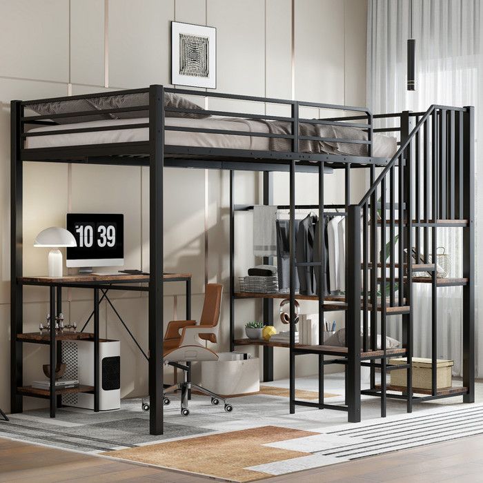 Lit Superposé 120x200 cm avec Armoire Structure en Fer Forgé avec Table et éTagèRes Lit Simple Noir + Bois Vintage