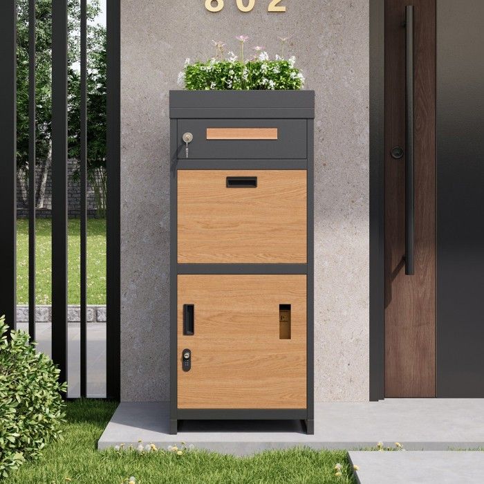 Boîte aux lettres colis serrure combinaison extérieure parterre fleurs armoire rangement verrouillable Gris Bois 50x37x118 5cm