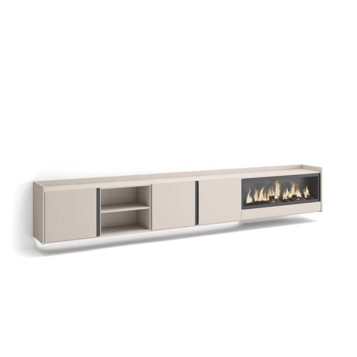 Meuble TV Banc Télé 315x35x50cm Pour les TV jusquà 80 Cheminée électrique XXL Suspendu Mural LED Beige RF4777