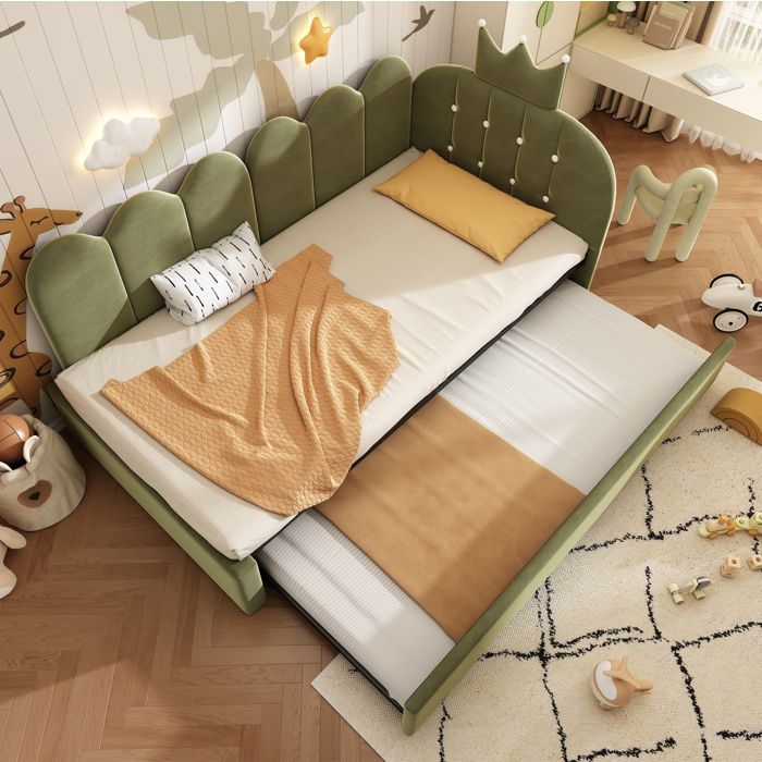 Lit Enfant 90x200 cm Avec Lit Gigogne 90x190 cm Velours Vert Design Couronne