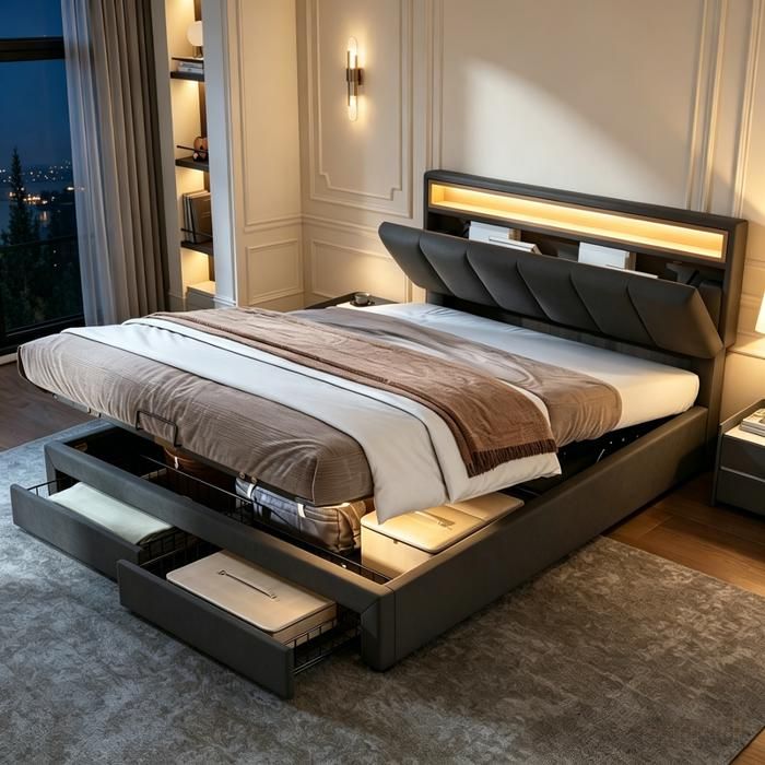 Lit coffre hydraulique 180x200 CM avec 2 Tiroirs - avec LED et USB - Lit 2 Personnes avec sommier - Gris Lin