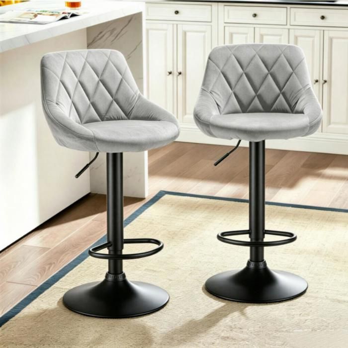 MIPAN.Lot de 2 Tabouret De Bar de Gris clair - Chaise de Cuisine - Hauteur Réglable (84-105cm) -Tissu -Avec Dossier et Repose-Pieds