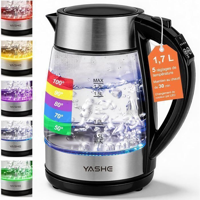 YASHE Bouilloire Électrique Température Réglable en Verre 1,7L