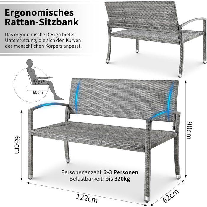 Banc de Jardin en Rotin Banc Extérieur Banc Balcon 2 Places Mobilier de Jardin Rotin Double Face 122x62x90cm Gris