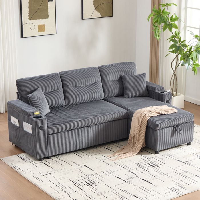 Canapé d’Angle Convertible 3 Places avec Lit Gigogne et USB-C - MEUNIQ - Méridienne Coffre Velours Côtelé Gris Carbone