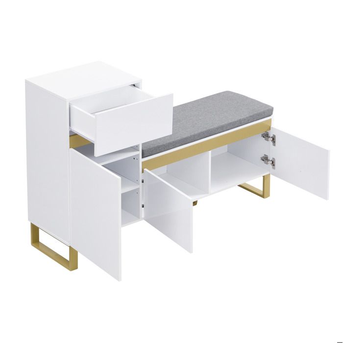 Meuble a chaussures - Banc dentree avec coussin 2 portes et 1 tiroir - Blanc - 120 x 35 x 85 cm