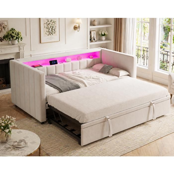 Lit gigogne 2 Places 90 × 190 cm avec LED Réglable USB Type-C et Étagère sans Matelas Velours Beige - UVRION