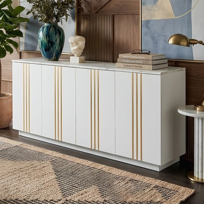 Buffet Bas 140x35x70cm 4 Portes Système Poussoir Sans Poignée Plateau Effet Marbre & Lignes Dorées Buffet Slim