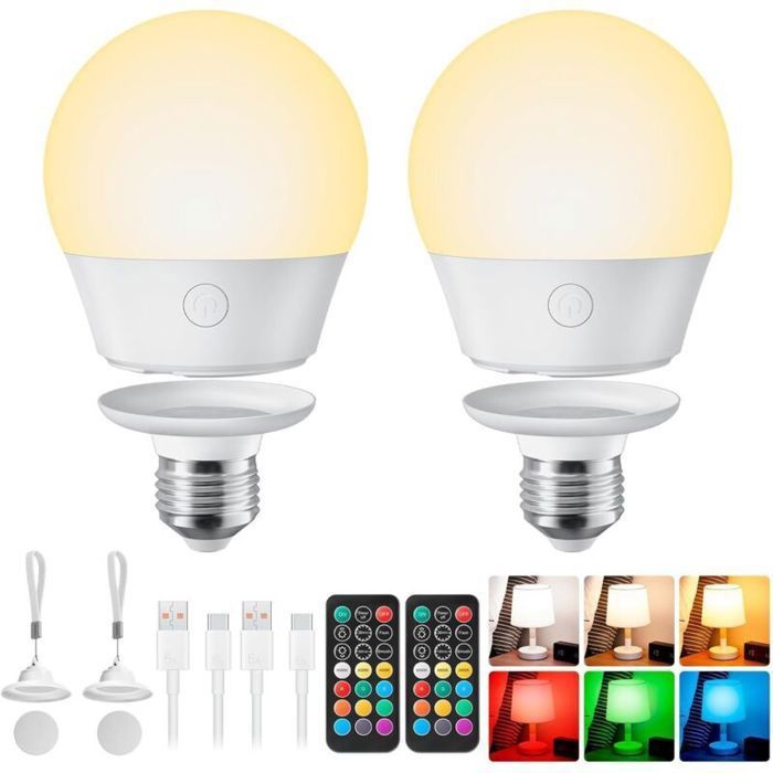 Ampoule rechargeable E27 dimmable avec télécommande – 7W 700 lumens – Autonomie 6 à 9h – Câble USB Type-C inclus – Lot Femeo