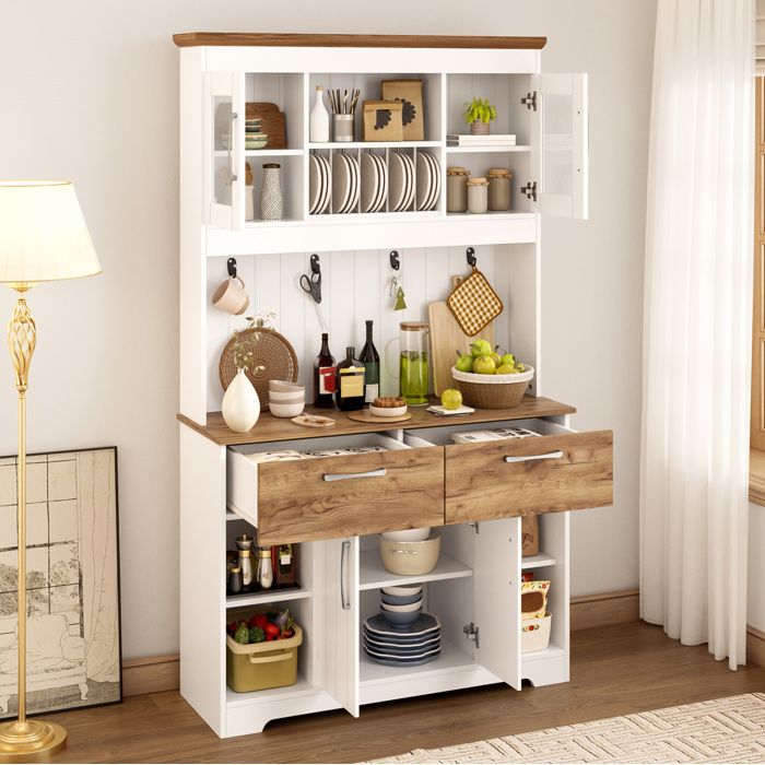 ELVORIN Buffet de cuisine vitré 106 x 39 x 176 5 cm 2 tiroirs portes crochets blanc et naturel