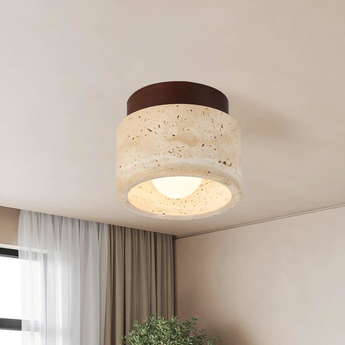 7W Plafonnier en Travertin Jaune Lustre Style Japonais Esthétique Wabi Sabi Lampe Circulaire Luminaire à Lumière