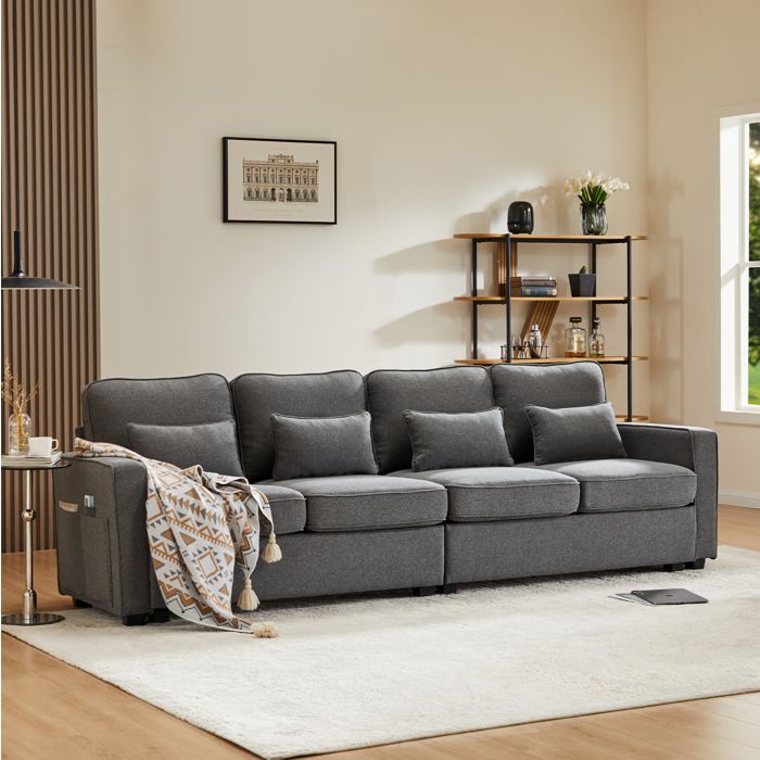 Canapé fixe 4 places en tissu lin gris foncé 264 x 83 x 87 cm avec poches daccoudoirs et 4 coussins
