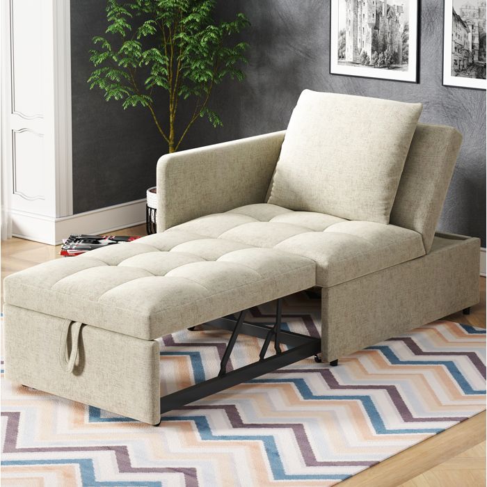 COVREO canapé convertible 3 en 1 beige dossier réglable 5 positions tissu aspect lin avec coussin