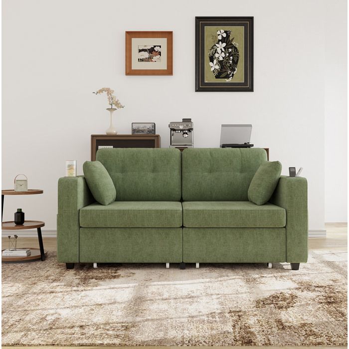 Canapé fixe 2 places AESVAR en chenille vert olive 172 cm 2 tiroirs USB porte-gobelets