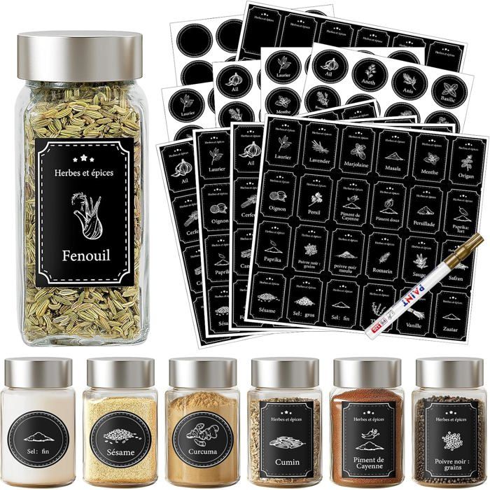 240 Etiquettes Epices Francais Noires:120 Rectangulaires+120 Rondes48 Étiquettes Vierges+MarqueurÉtiquette EpiceRangement Epice