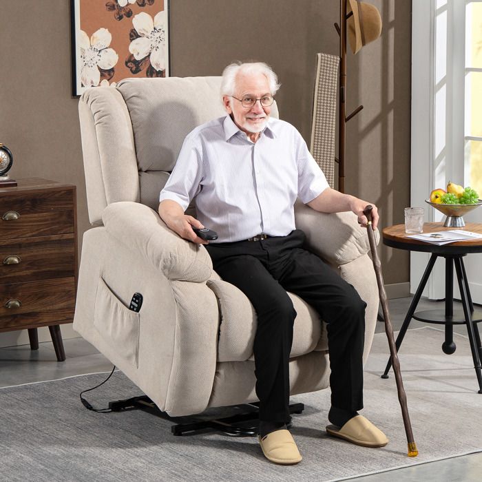 Fauteuil releveur massant et inclinable 93x104x105 cm beige avec 2 poches et télécommande