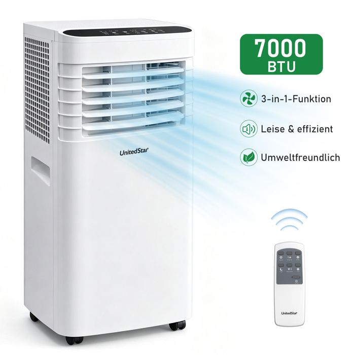 Climatiseur Mobile 7000 BTU 3 en 1 Monobloc avec Kit Fenêtre Réglable Déshumidificateur Ventilateur Minuterie 24H Blanc