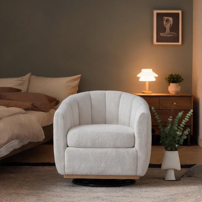 Fauteuil citrouille pivotant 360° en chenille beige-toned base métal ronde mousse haute densité salon ou chambre