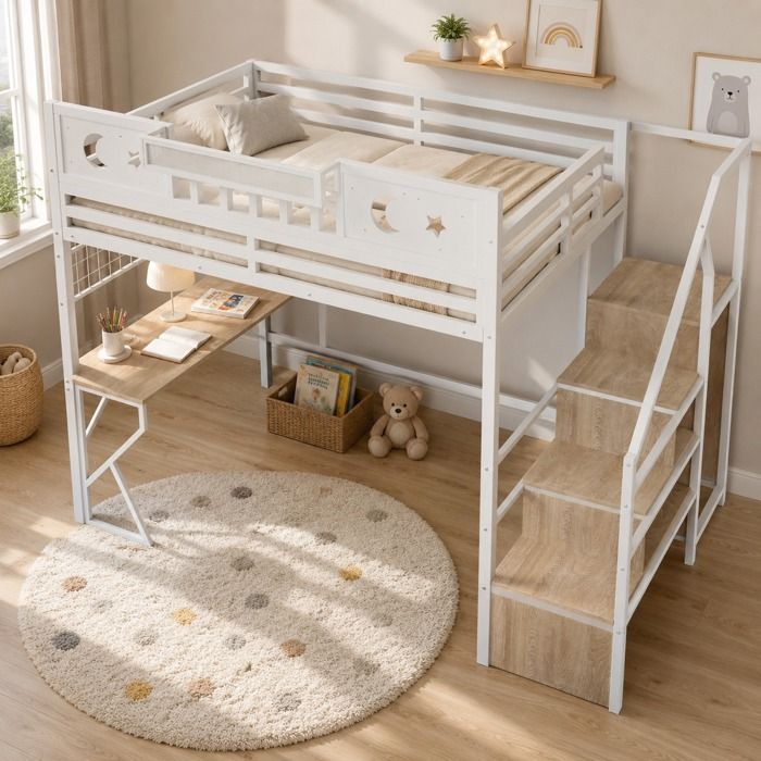 Lit Mezzanine 140x200 cm en Métal avec Bureau Étagères et Echelles Lit superposé pour Enfants et Adultes style Industriel - Blanc