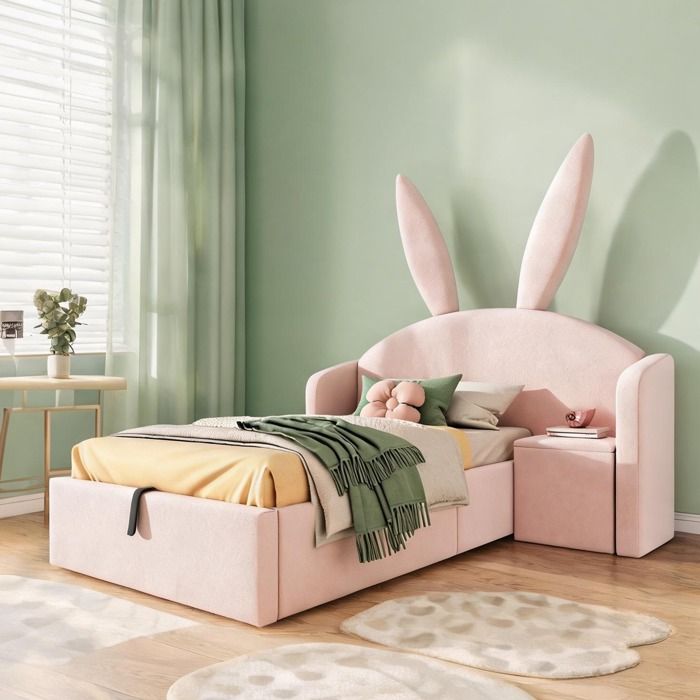 Lit enfant 90x190 cm velours blush pink avec coffre hydraulique et table de chevet amovible