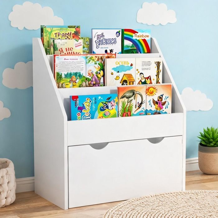 Bibliothèque enfant MDF blanc 62 5x30x70 cm 3 étagères + tiroir à roulettes – Chambre bébé salle de jeux