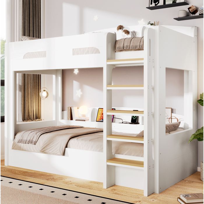 Lit superposé 90 x 200 cm blanc avec prise USB étagères latérales haut et bas bois et MDF