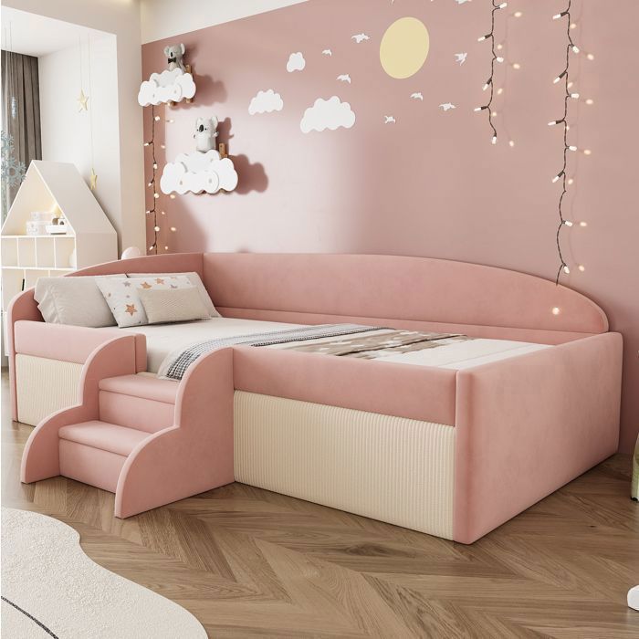 Lit enfant 90x190cm avec barrières anti-chutelit rembourré en velours avec marchesrose et blancsans matelasmontage facile