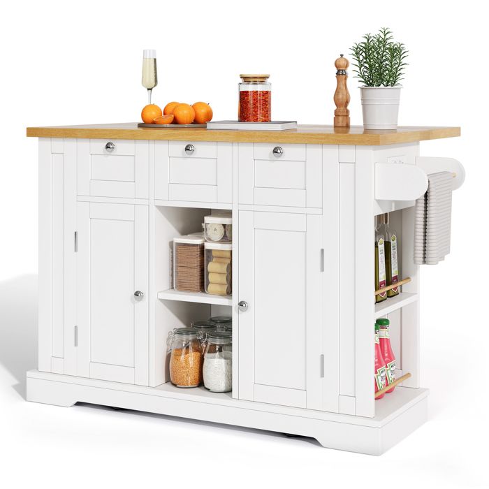 Desserte 132 cm pour cuisine style rural plateau pliant tiroir porte-épices 4 roues porte-serviettes prise intégrée