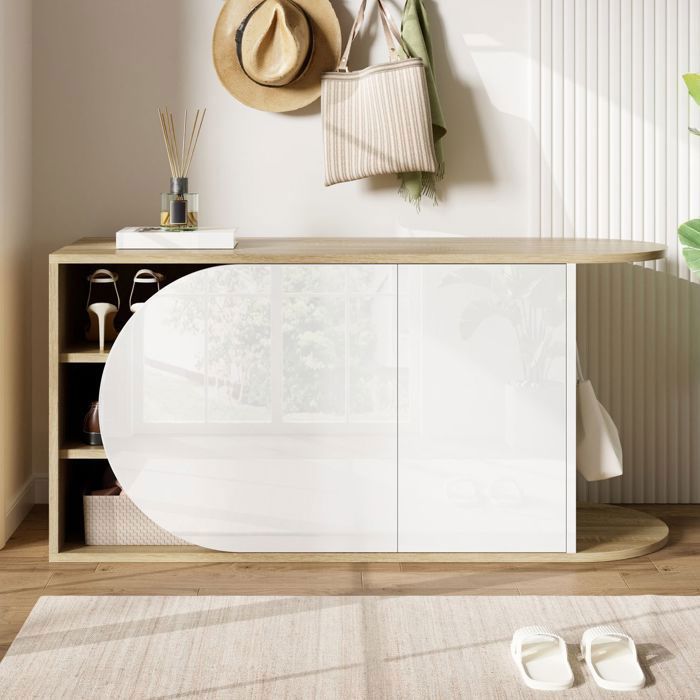 Meuble à chaussures - WESTYLE - Sans Poignée - Blanc brillant & bois naturel - Push-to-open - 2 portes 1 étagère