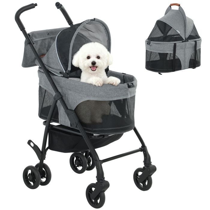 Design pliable poussette pour chien 3 en 1 avec cabine amovible suspension et 4 roues sur chemins cahoteux