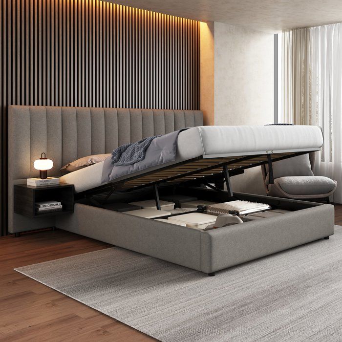 Lit coffre 160x200 cm pour adultes capacité 300 kg inclut sommier à lattes tables de chevet et espace de rangement caché