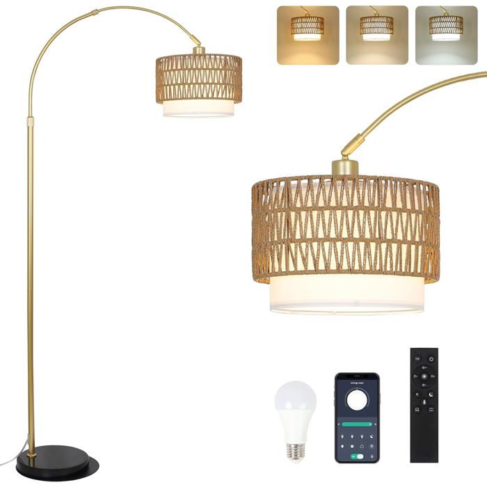 Lampadaire arc doré dimmable LED 9W 3000K-6000K abat-jour rotin et lin hauteur réglable 160-185 cm base marbre salon et chambre
