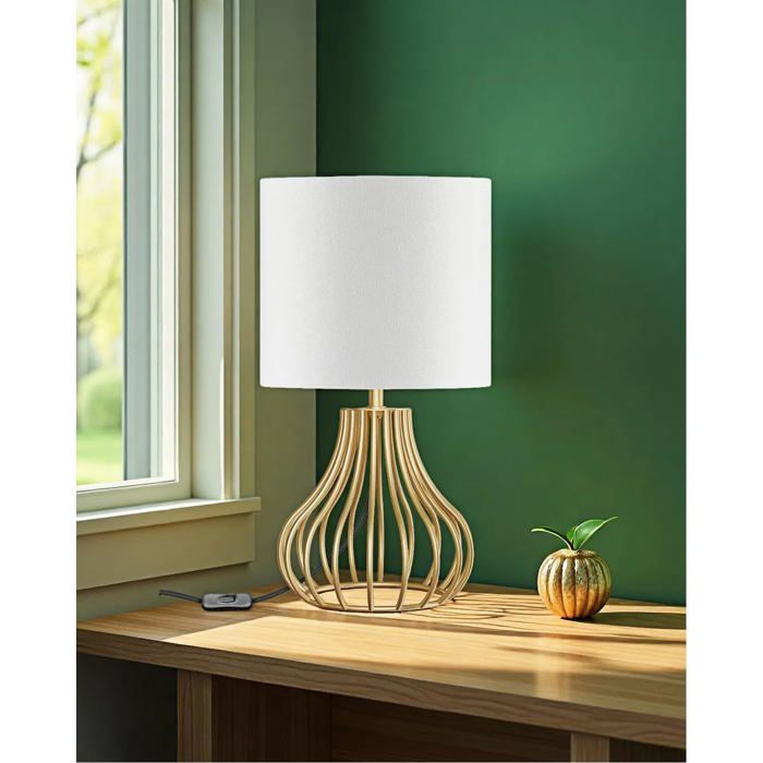 Lampe de chevet moderne blanche et dorée en métal - Abat-jour lin ampoule LED 2700K culot E27 petite