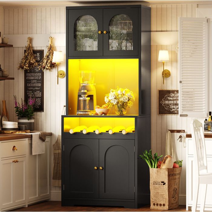 COVREO Buffet haut noir mat 70 x 38 3 x 180 cm portes vitrées LED RGB et porte-bouteilles