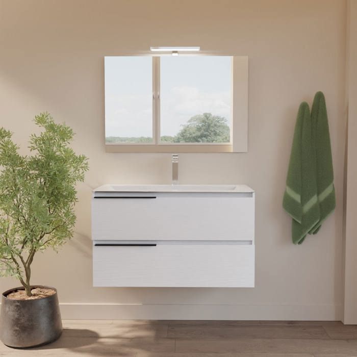 Meuble de salle de bain suspendu 80 cm avec 2 tiroirs lavabo en céramique miroir et lampe LED Berlin