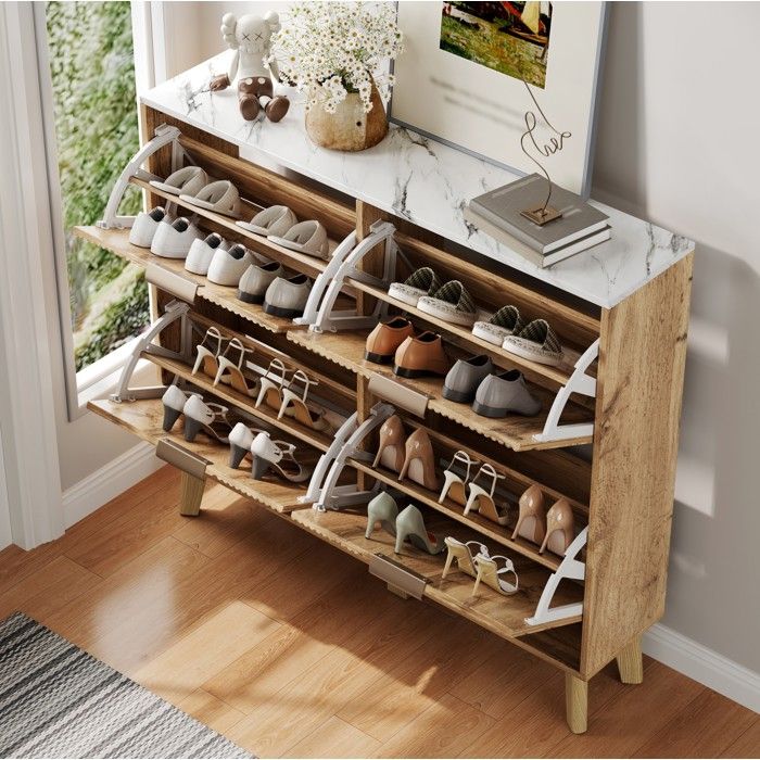 Meuble à chaussures 4 portes abattantes ultra-mince 105 x 24 x 95 5 cm plateau effet marbre pieds en bois ORVRYN
