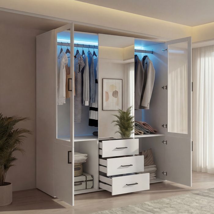 Armoire à portes transparentes de 1 3 m avec miroir et éclairage LED 4 portes 3 tiroirs 1 miroir grande armoire de chambre blanche