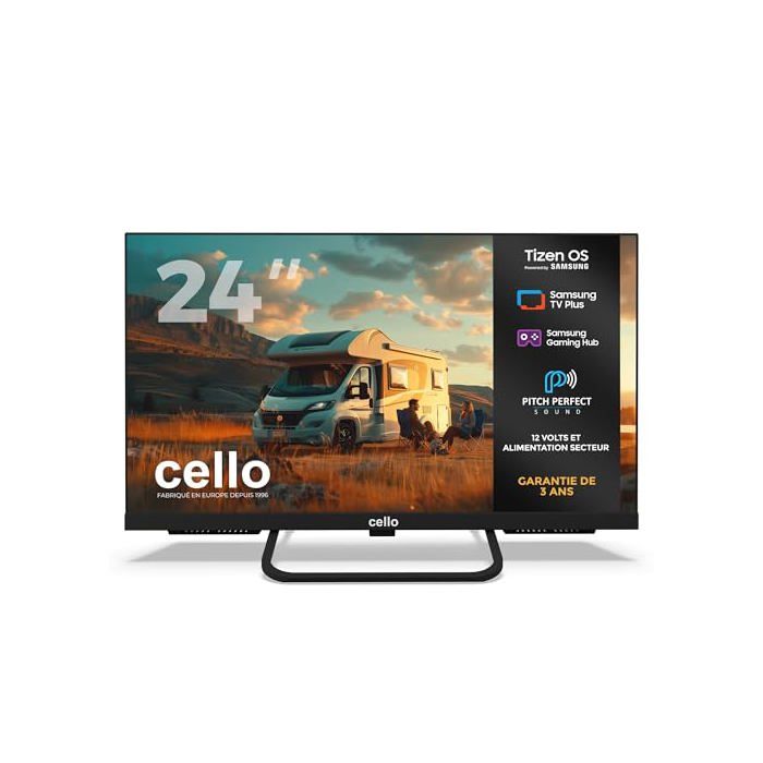 Smart TV 24 pouces CELLO CTRAV 24TZ Tizen OS Samsung Double alimentation 12V 230V Triple tuner DVB T2 C S2