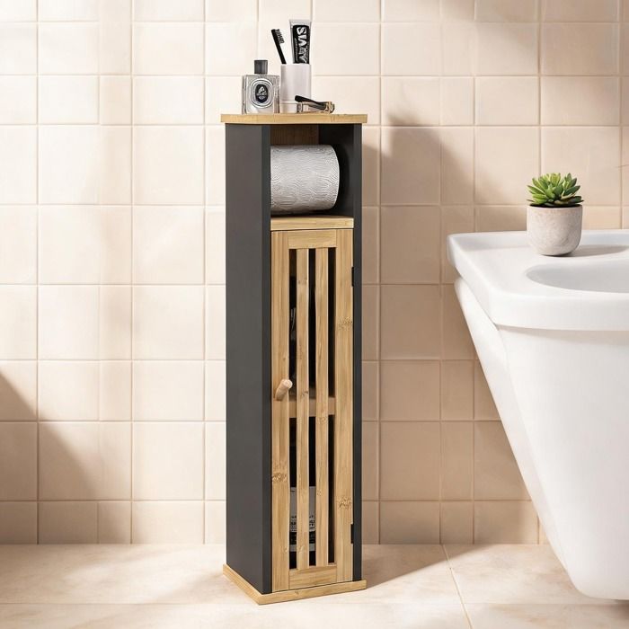 Colonne de salle de bain en bambù et MDF avec étagère ouverte et porte à lamelles 18 - Nero Bambù MDF 18 x 18 x 75 cm Ref HAJL3S
