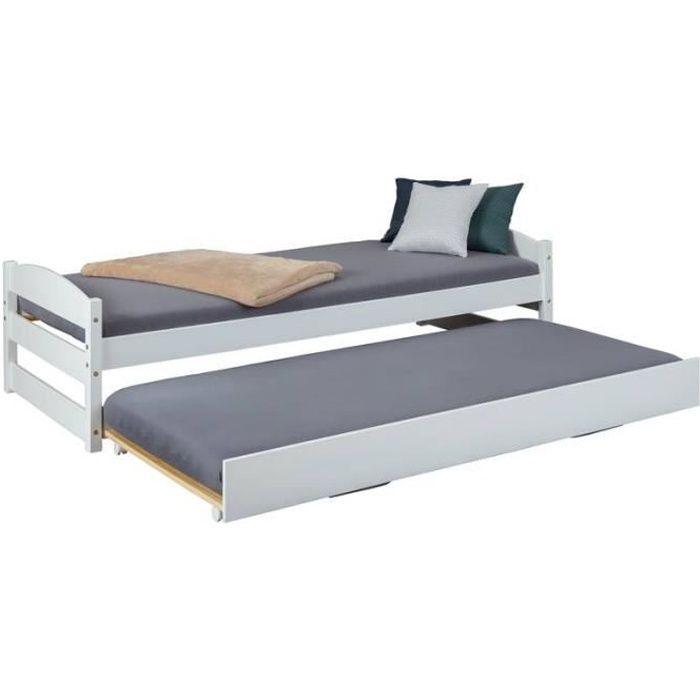 lit vindas - ac-déco - lit gigogne en bois massif - blanc - 90x200 cm - sommiers inclus