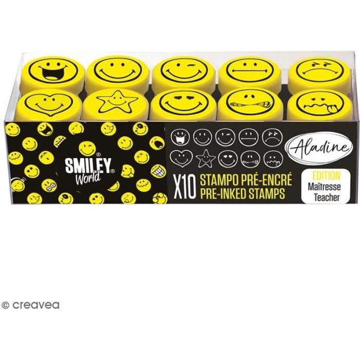 Kit de tampons enfant pré-encrés Stampo Easy - Smiley - 10 pcs Kit de tampons smiley world Stampo easy : Motifs : Smiley Contenu :