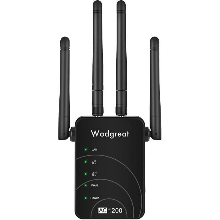 Port Ethernet Répéteur WiFi 1200Mbps - Double Bande 2.4G/5GHz, , 4 Antennes Répéteur Compatible Toutes Box