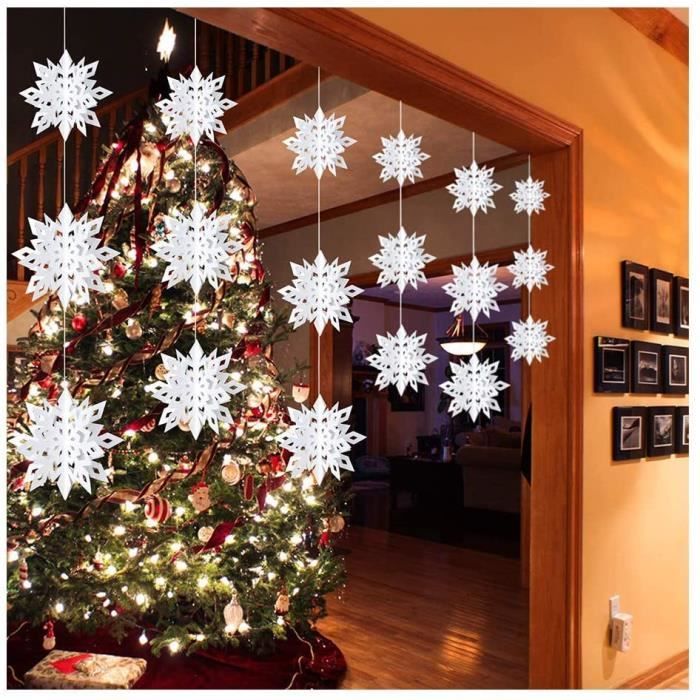 Lot De 28 Décorations De Noël Flocons De Neige - 10cm Et 7,5cm, Blanc Scintillant - Avec Cordons Argentés