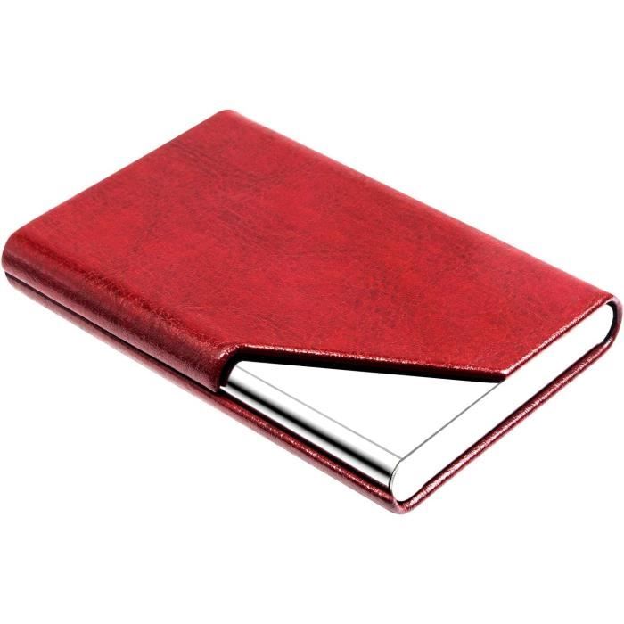 Lot De 3 Porte-Cartes De Visite Cuir Synthétique Et Acier Inoxydable - Rouge Bleu Curry