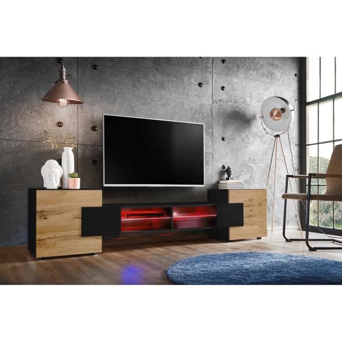 Meuble Banc TV Merano Version 2 Komodee - avec eclairage LED RGB - Noir et Bois Naturel - 230 x 53 x 35 cm Meuble Banc TV Merano Version 2 Komodee - avec eclairage LED RGB - Noir et Bois Naturel - 230 x 53 x 35 cm