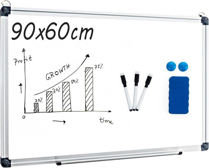 COSTWAY Tableau Blanc Magnétique 90x60cm Surface Cadre en Aluminium avec ,2  Aimants, 3 Stylos et Effaçable à Sec