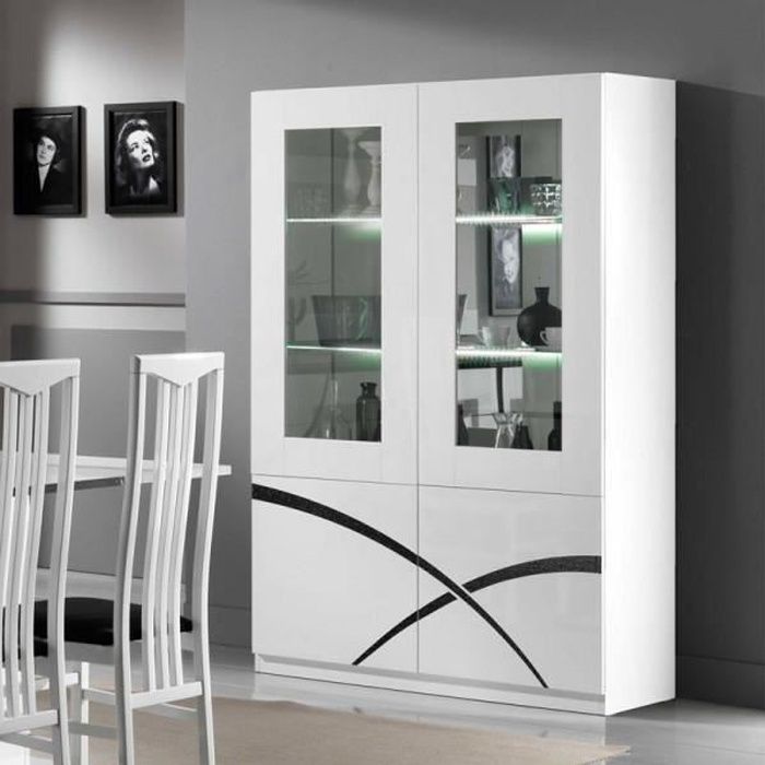 vaisselier 4 portes blanc laqué à leds - cross - noir et blanc - bois - l 118 x l 46 x h 181 cm - vaisselier