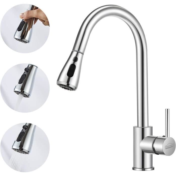 Mitigeur Cuisine Avec Douchette Extractible Chromé,Robinet évier Moderne Laiton,Rotatif 360