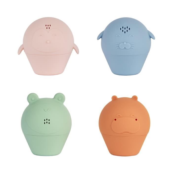 Badabulle Lot de 4 Aspergeurs de bain Jouets de Bain en Silicone Souple 'ouvrent pour être lavés