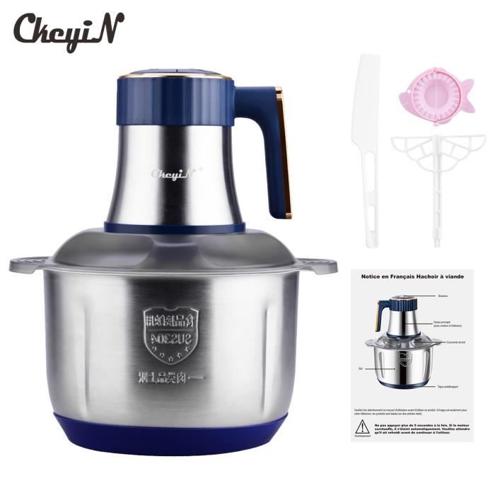 Hachoir électrique 5L 500W – Bol Inox, 4 Lames Doubles, 3 Vitesses, Pour Viande & Légumes